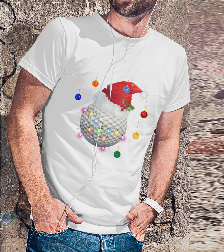 Christmas Golf Ball Santa Hat Holiday Lights T-Shirt