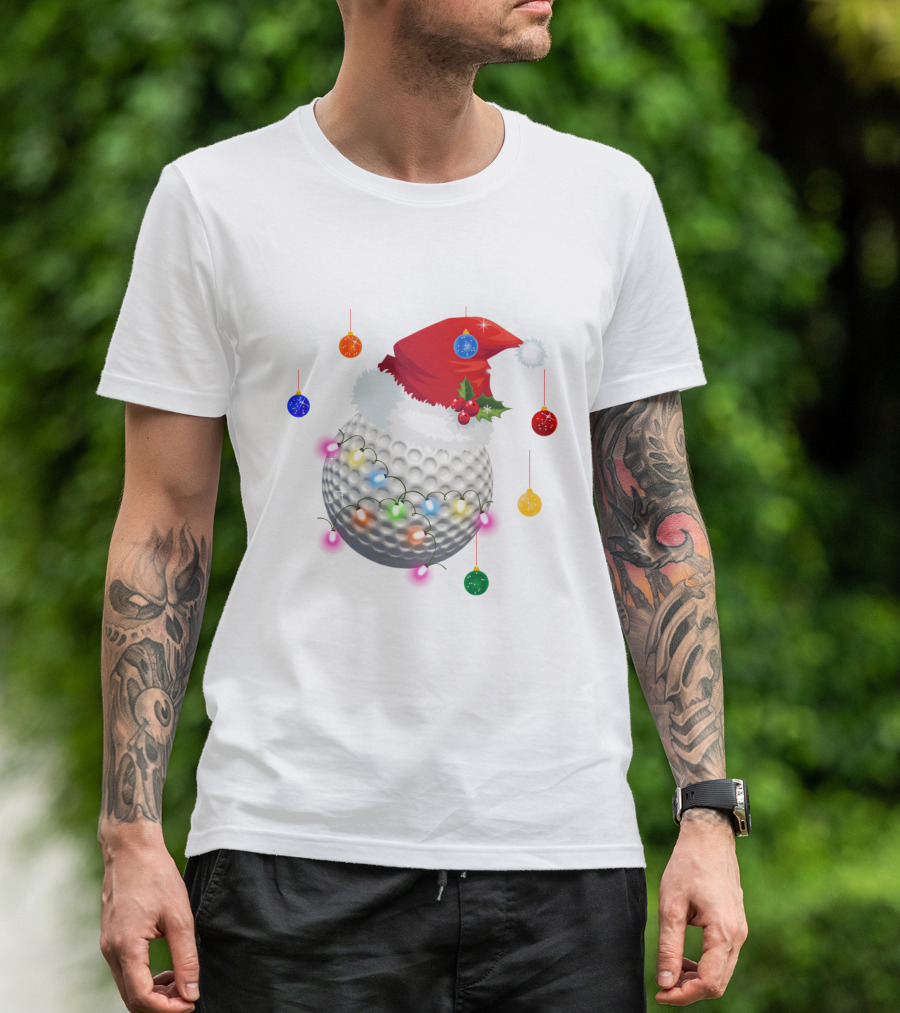 Christmas Golf Ball Santa Hat Holiday Lights T-Shirt