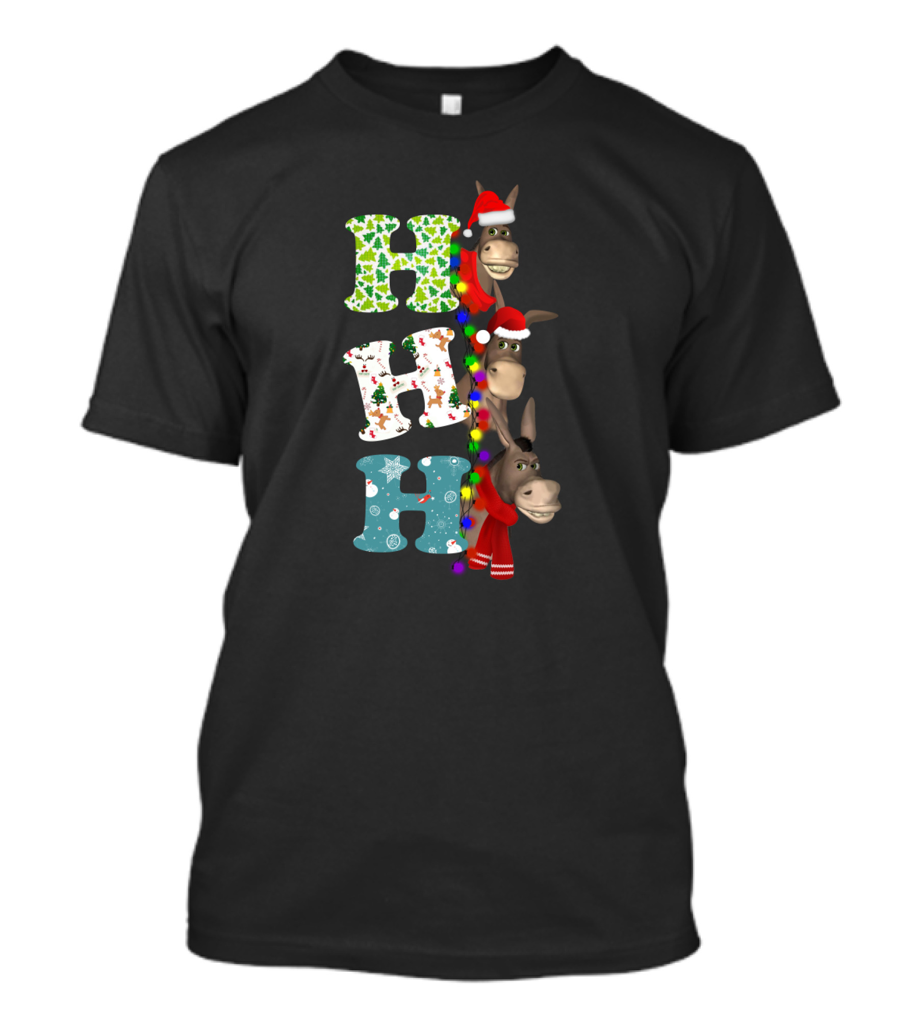 Hohoho Christmas Donkey With Santa Hats And Colorful Lights T-Shirt