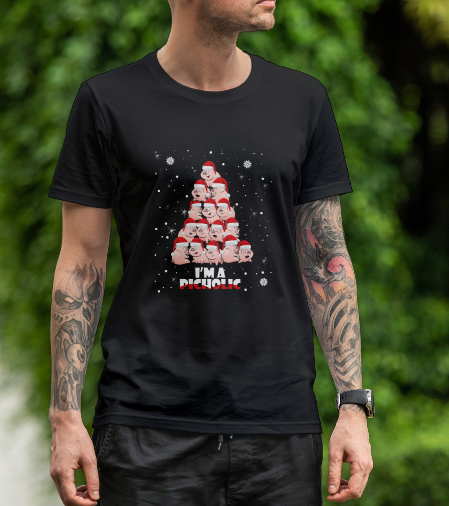 I'm A Pigholic Santa Hat Christmas Tree With Snowflakes T-Shirt