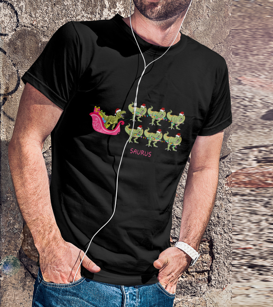 I Am Dreaming Of A Saurus Christmas With Dinosaur Santa Sleigh T-Shirt