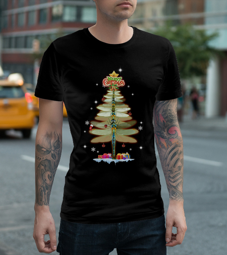Merry Christmas Dragonfly Tree With Ornaments And Presents T-Shirt