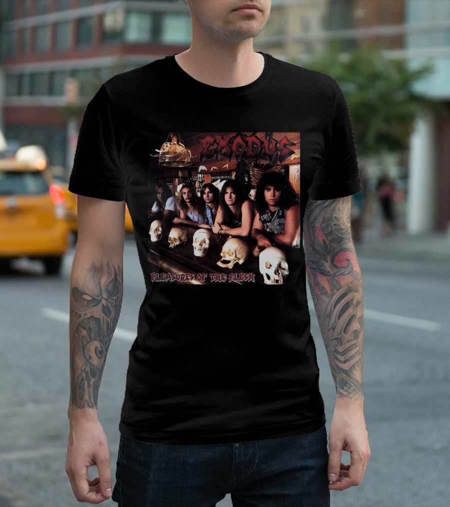 Exodus Pleasures of the Flesh Album Cover with Band Members and Skulls T-Shirt