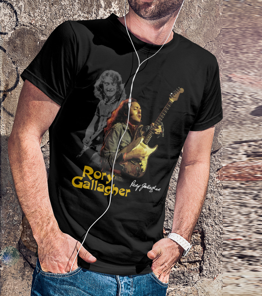 Rory Gallagher Playing Electric Guitar With Signature T-Shirt