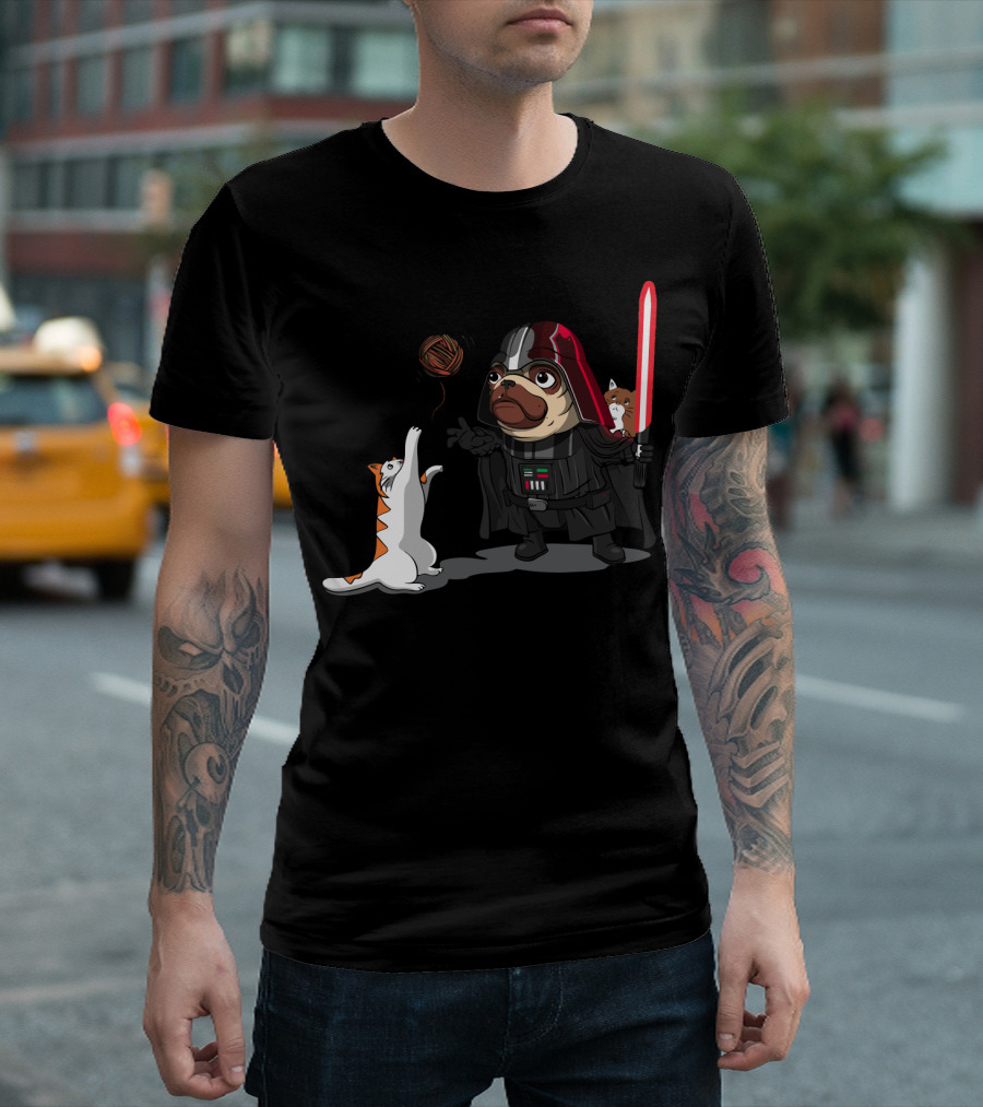 Pug Vader with Lightsaber and Cats Playing with Yarn Star Wars T-Shirt