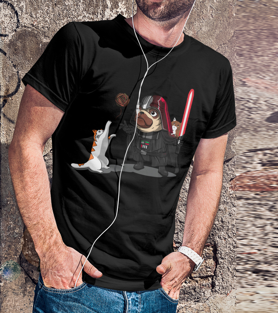 Pug Vader With Lightsaber And Cats Playing With Yarn Star Wars T-Shirt