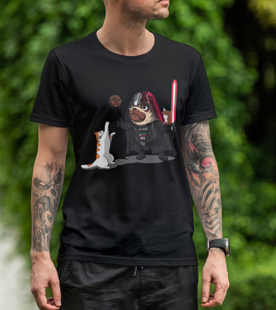 Pug Vader With Lightsaber And Cats Playing With Yarn Star Wars T-Shirt