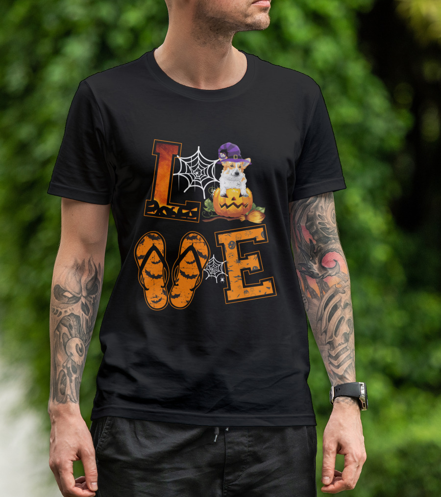 LOVE Corgi Pumpkin Witch Hat Halloween Spiderweb Flip Flops T-Shirt