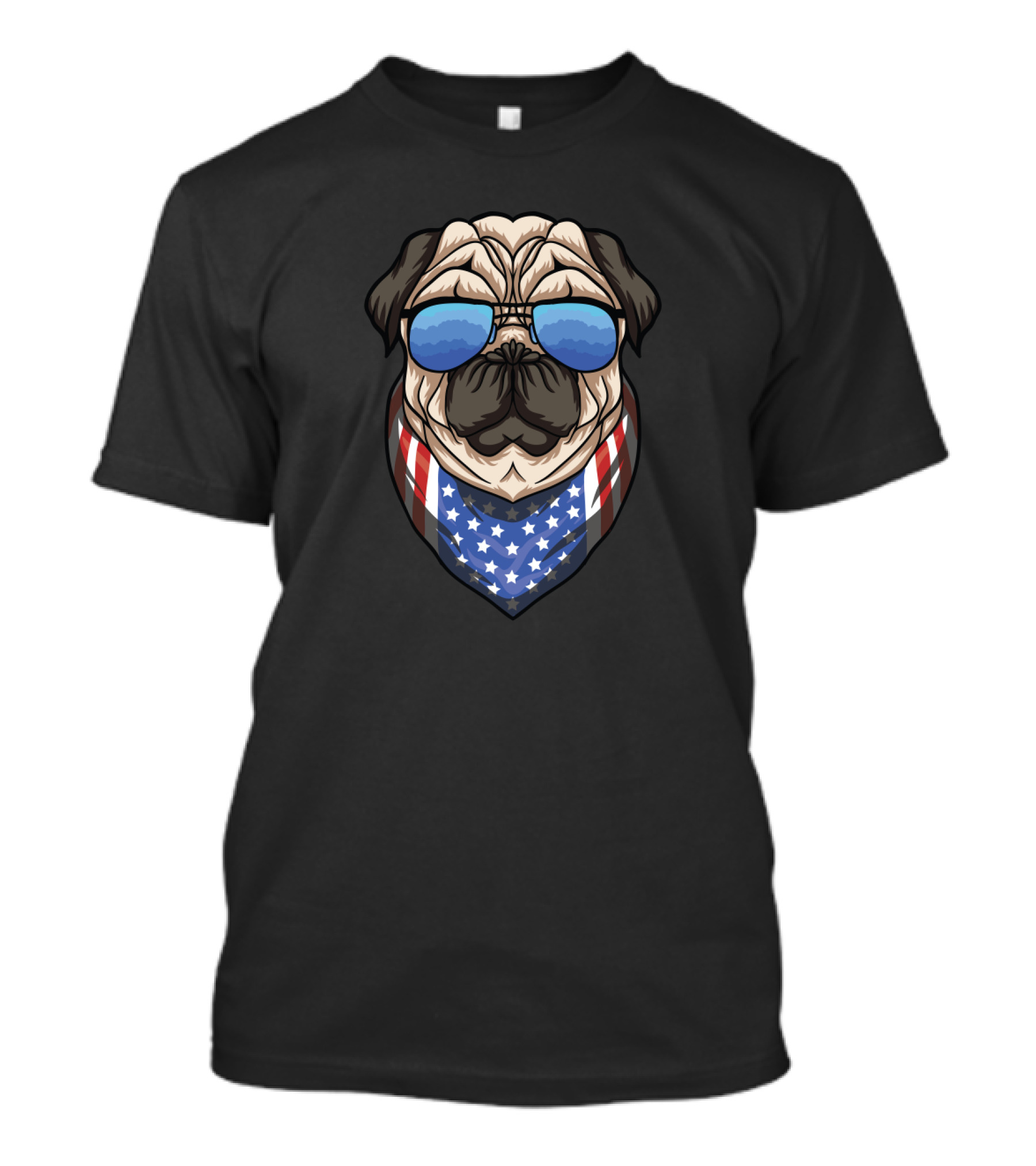 PUG Dog Wearing American Flag Bandana And Reflective Sunglasses T-Shirt