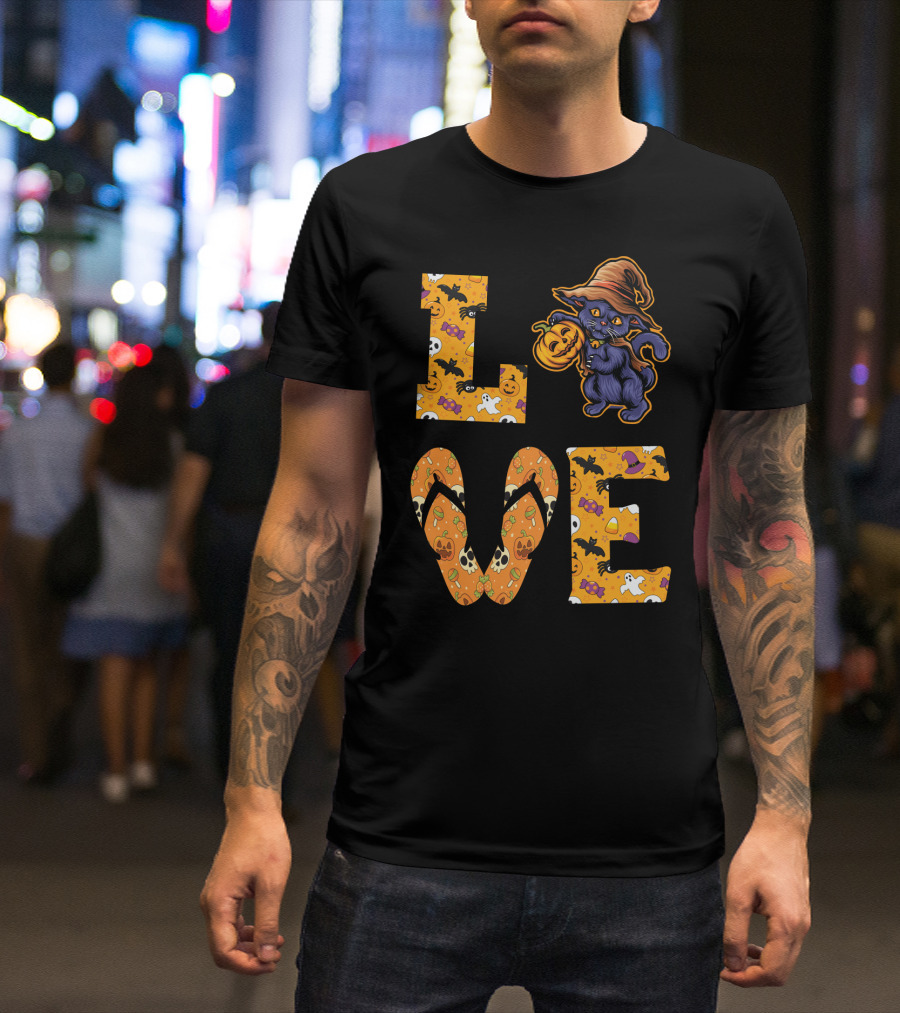 LOVE Halloween Black Cat Witch Hat Pumpkin Candy Ghost Bat Flip-Flops T-Shirt