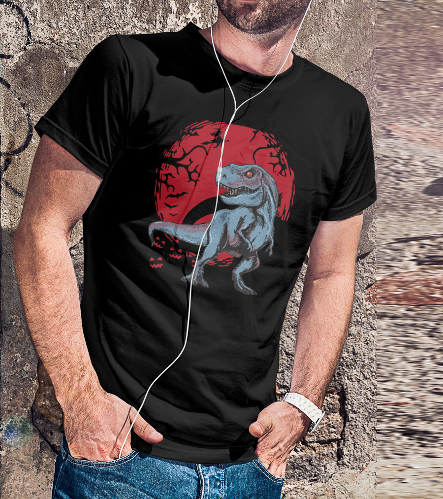 Halloween Dinosaurs T-Rex Red Moon With Witch And Bats T-Shirt