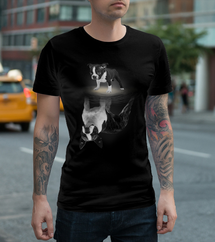Bostie Mom Boston Terrier Reflections In Water With Puppy T-Shirt