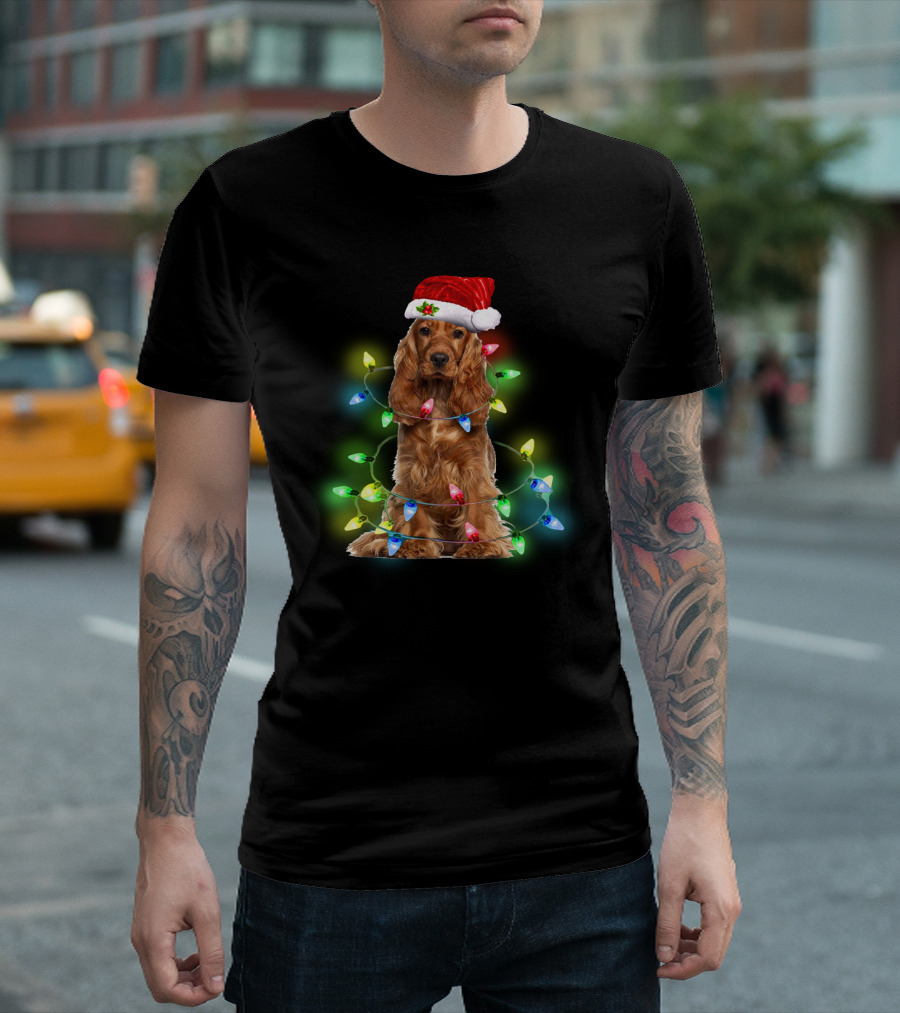 Cocker Spaniel Christmas Santa Hat Wrapped in Colorful Holiday Lights T-Shirt