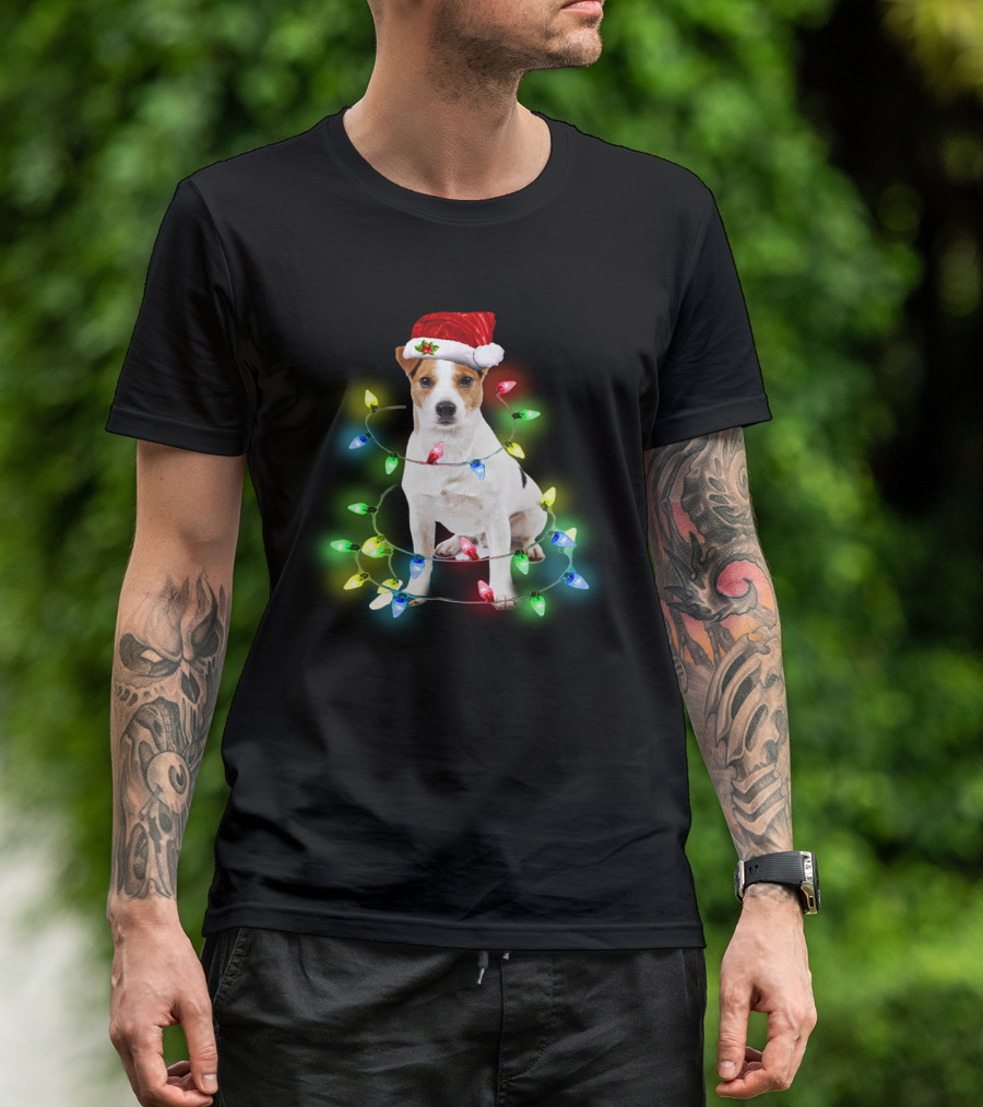 Jack Russell Terrier Holiday Lights Festive Santa Hat T-Shirt