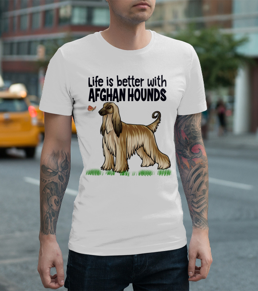 Life Is Better with Afghan Hounds Vintage Style Featuring Elegant Afghan Hound and Butterfly T-Shirt