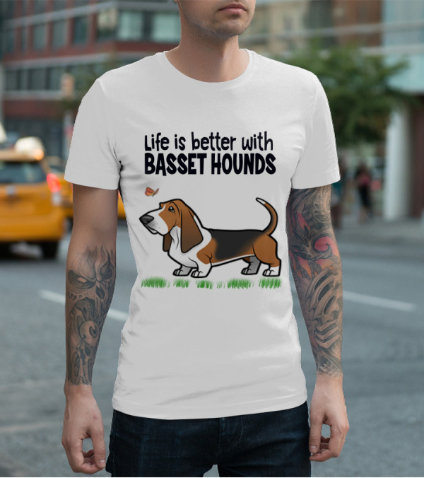 Life Is Better With Basset Hounds Butterfly And Dog Graphics On Grass T-Shirt