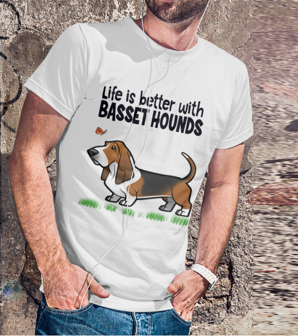 Life Is Better With Basset Hounds Butterfly And Dog Graphics On Grass T-Shirt