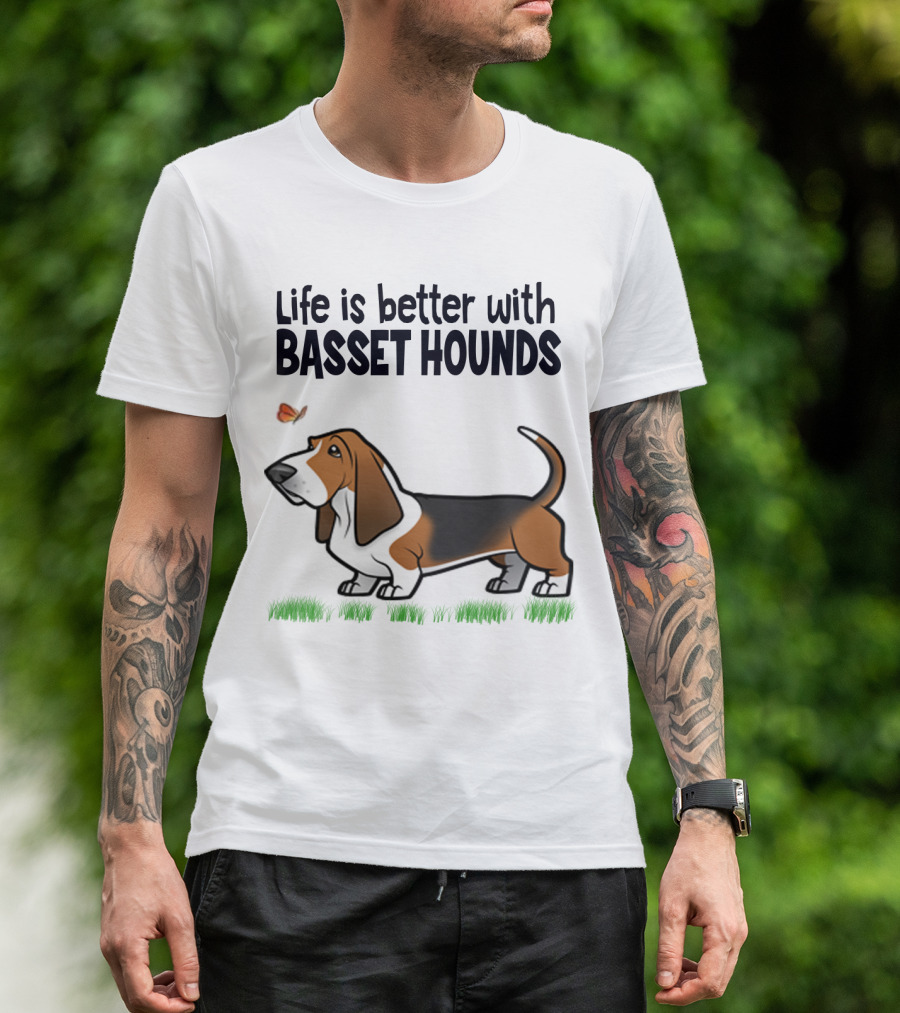 Life Is Better With Basset Hounds Butterfly And Dog Graphics On Grass T-Shirt