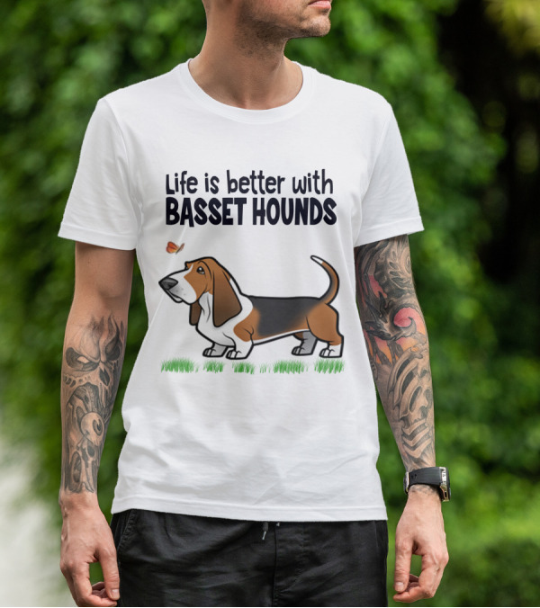 Life Is Better With Basset Hounds Butterfly And Dog Graphics On Grass T-Shirt