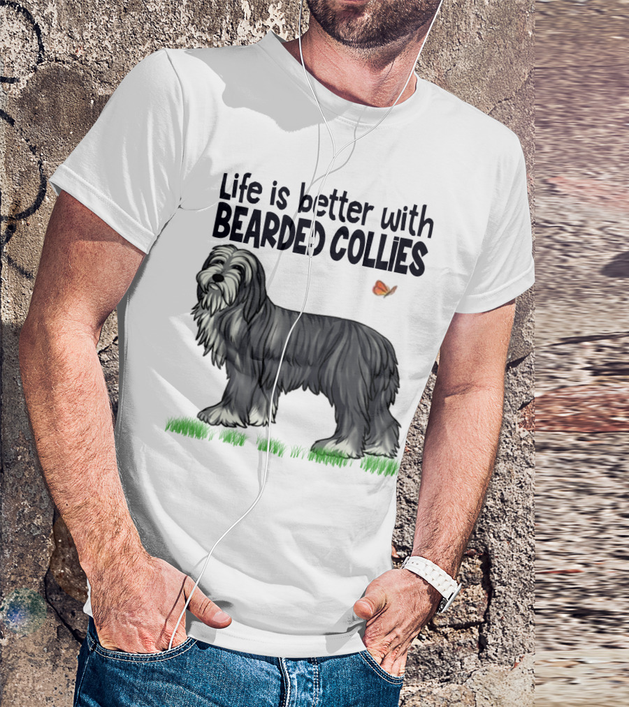 Life Is Better With Bearded Collies Illustration With Butterfly And Grass T-Shirt