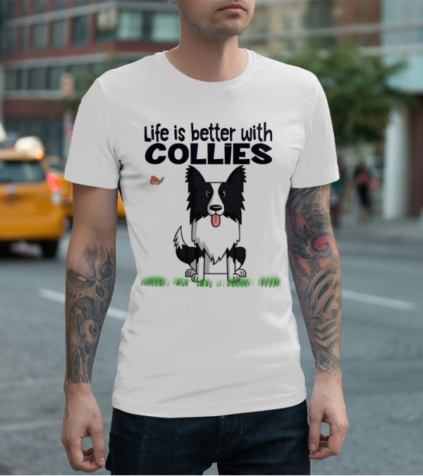 Life Is Better With Collies Cute Border Collie Illustration Butterfly And Grass T-Shirt