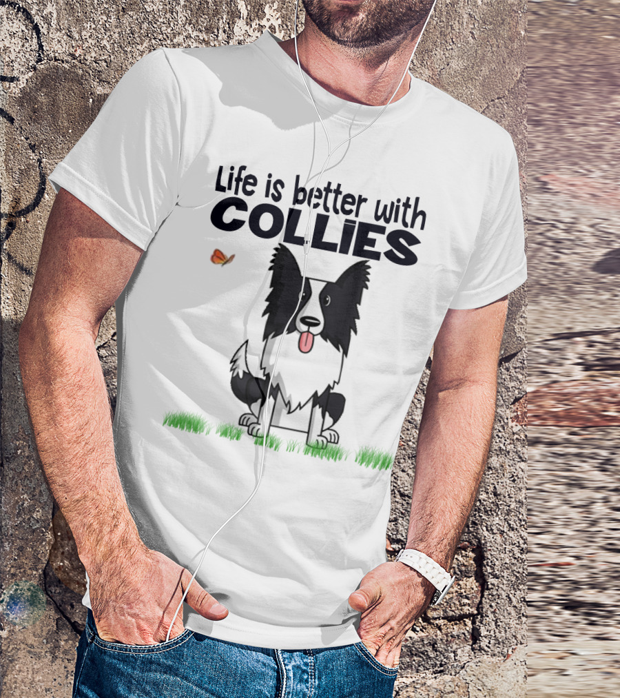 Life Is Better With Collies Cute Border Collie Illustration Butterfly And Grass T-Shirt