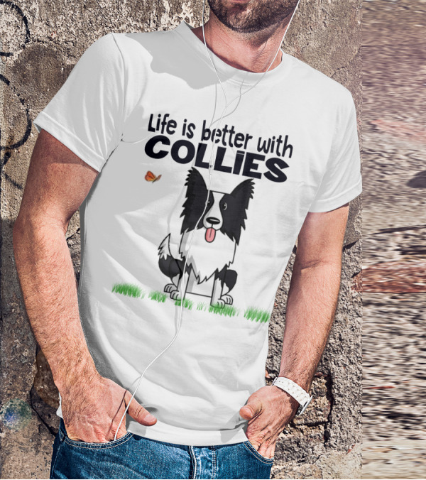 Life Is Better With Collies Cute Border Collie Illustration Butterfly And Grass T-Shirt