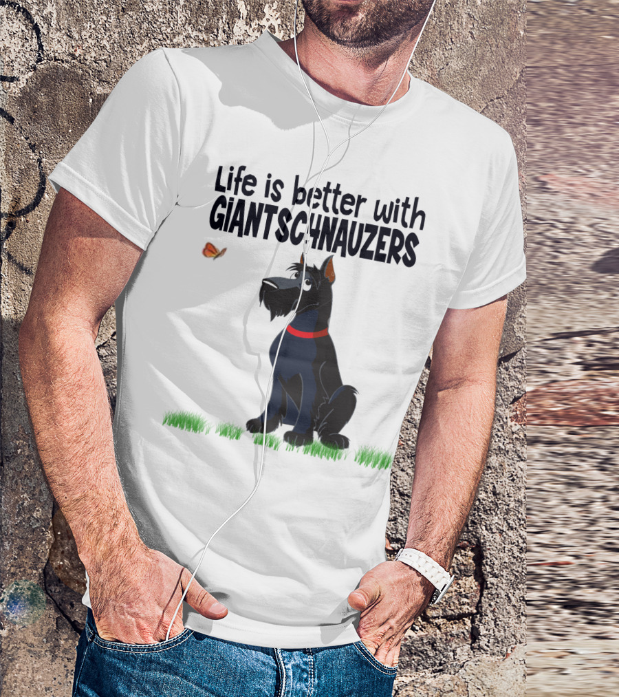Life Is Better With Giant Schnauzers Playful Cartoon Dog And Butterfly In Grass T-Shirt