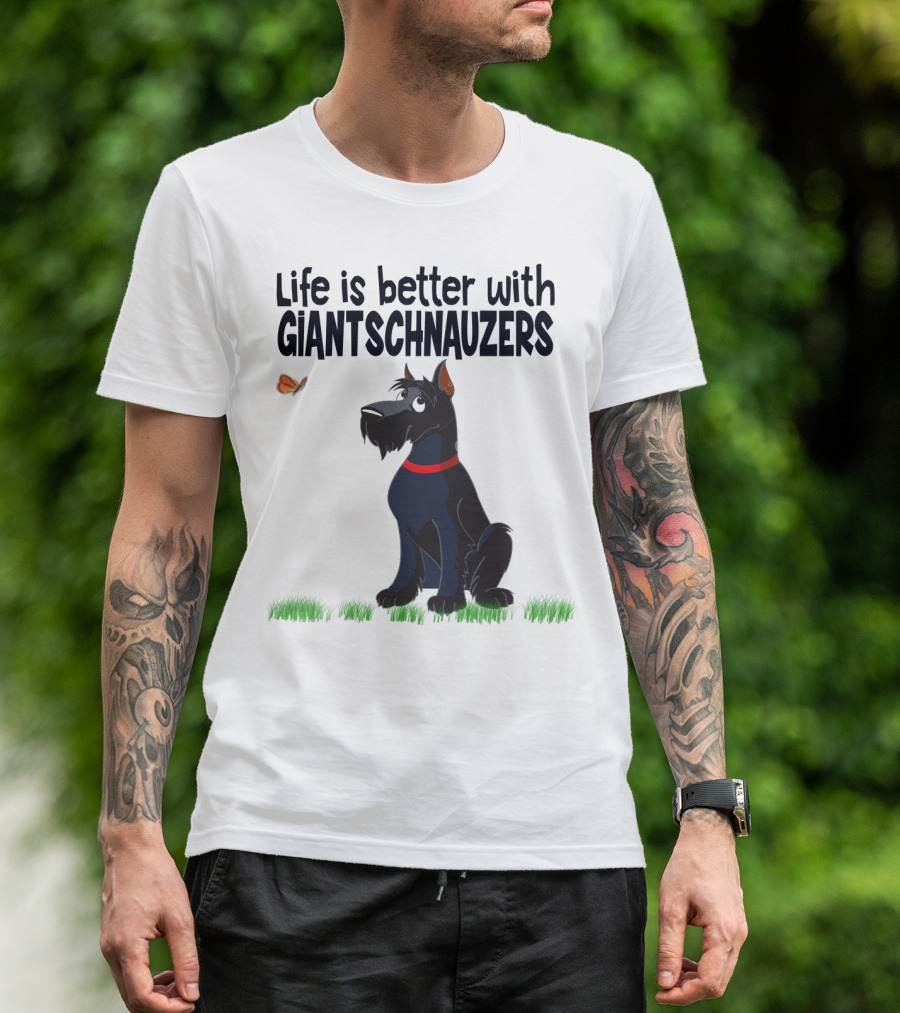 Life Is Better With Giant Schnauzers Playful Cartoon Dog And Butterfly In Grass T-Shirt