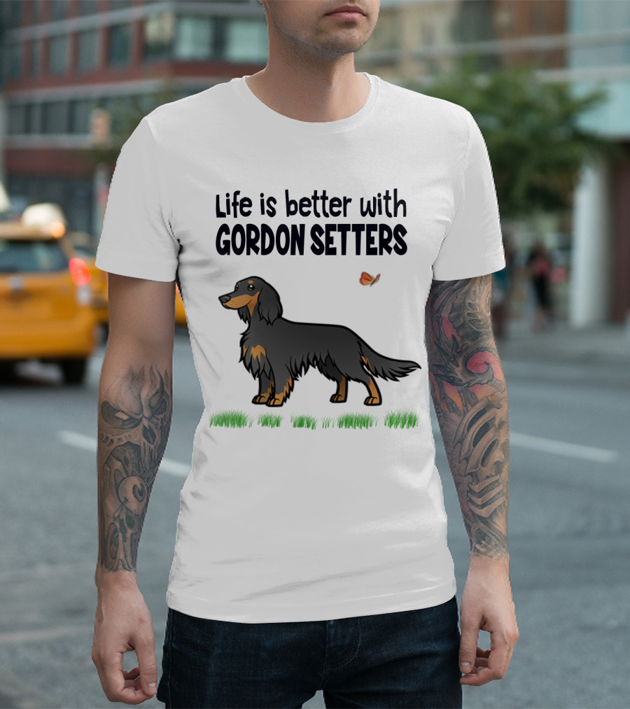 Life Is Better With Gordon Setters Charming Dog Illustration Featuring Butterfly and Grass T-Shirt
