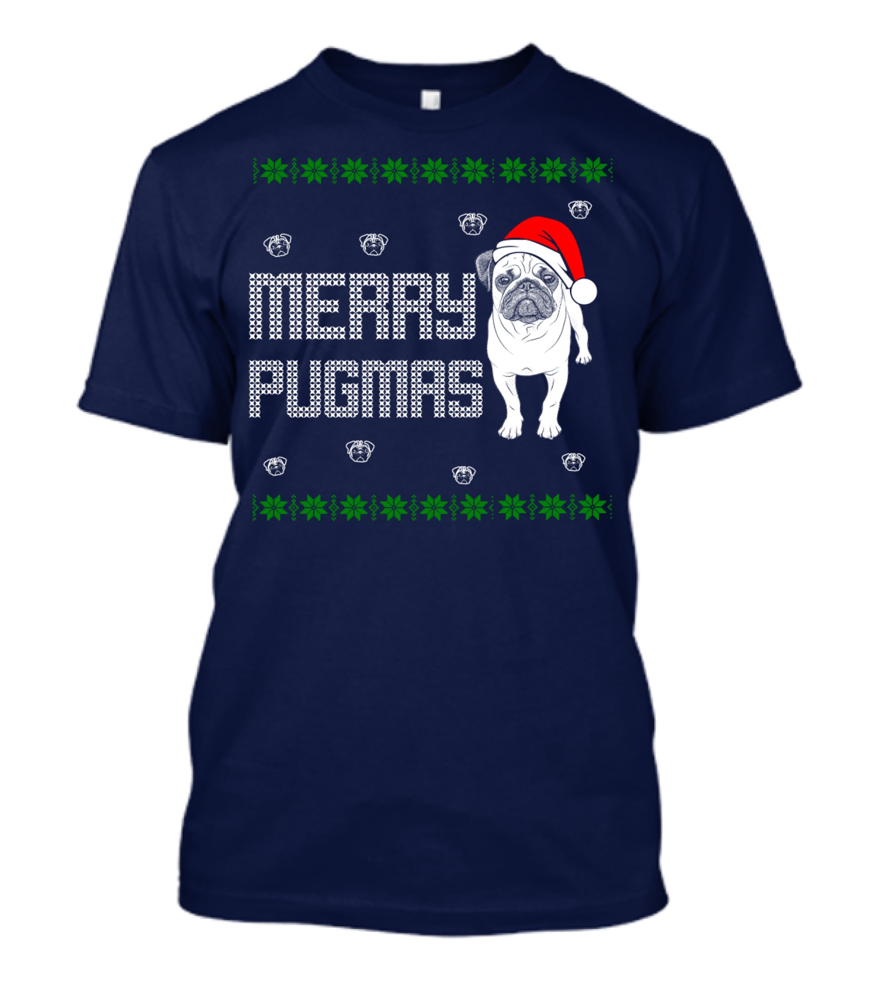 Merry Pugmas Festive Santa Hat Pug With Holiday Patterns And Green Poinsettias T-Shirt
