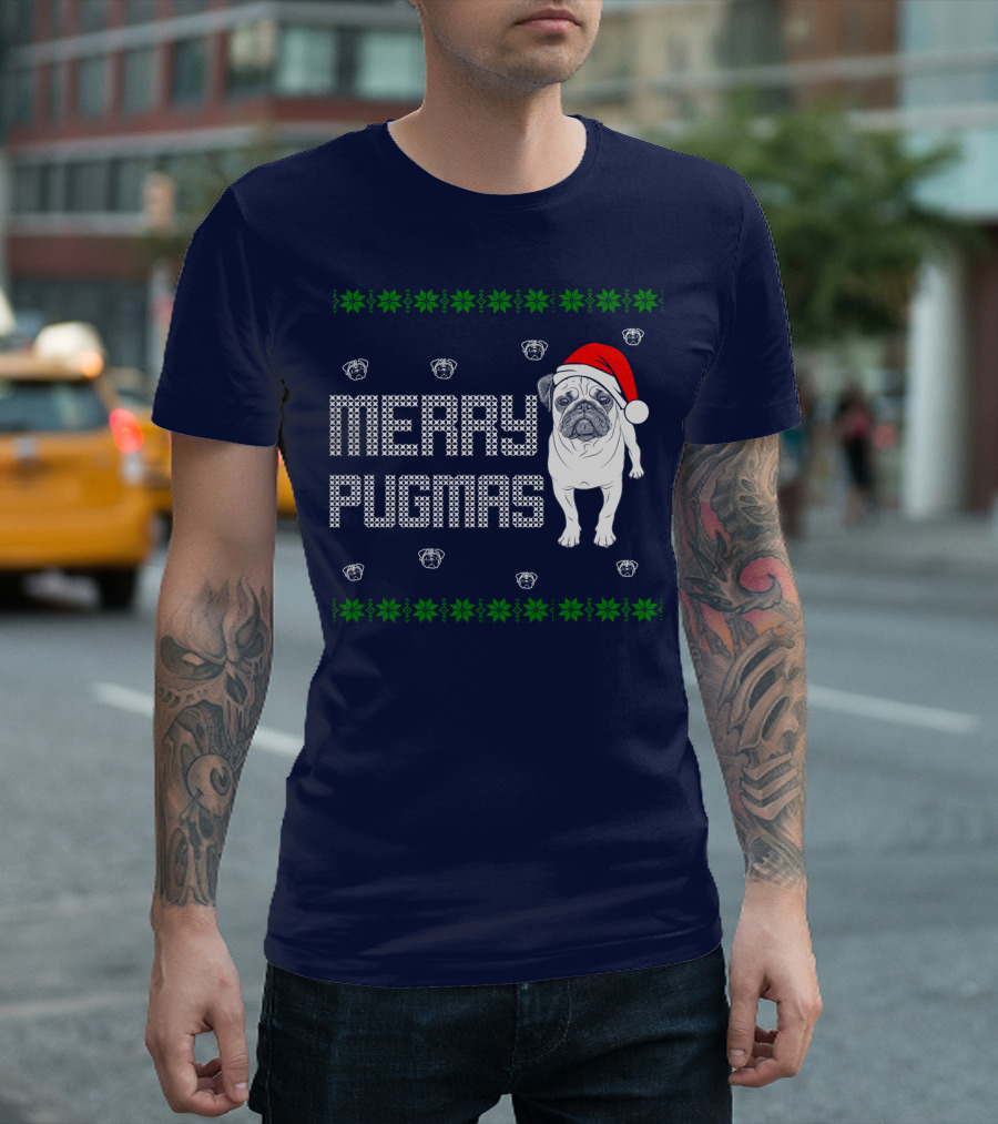 Merry Pugmas Festive Santa Hat Pug with Holiday Patterns and Green Poinsettias T-Shirt