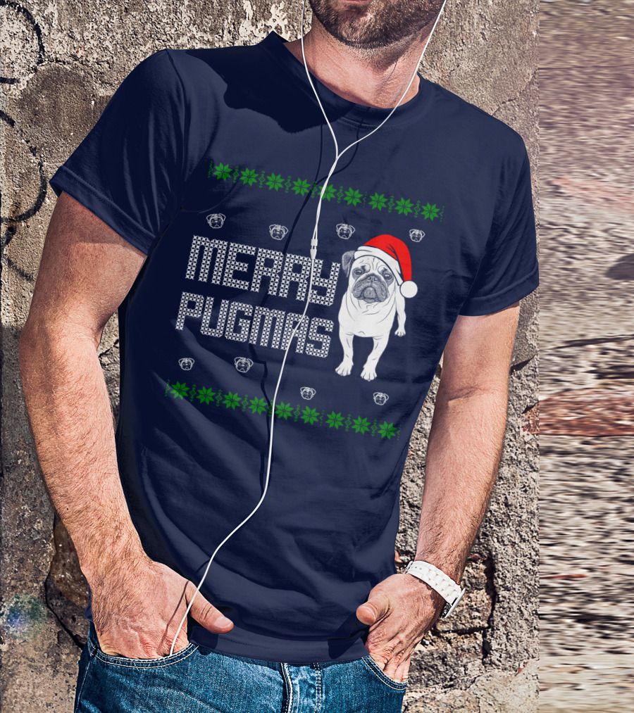 Merry Pugmas Festive Santa Hat Pug With Holiday Patterns And Green Poinsettias T-Shirt