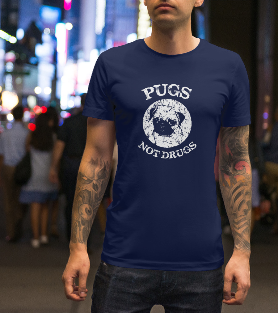 Vintage Style Pugs Not Drugs With Distressed Pug Face T-Shirt