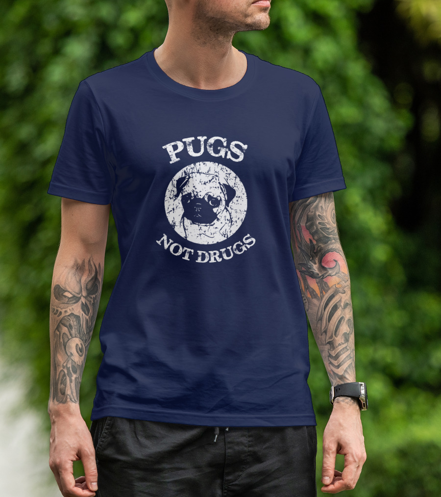 Vintage Style Pugs Not Drugs With Distressed Pug Face T-Shirt