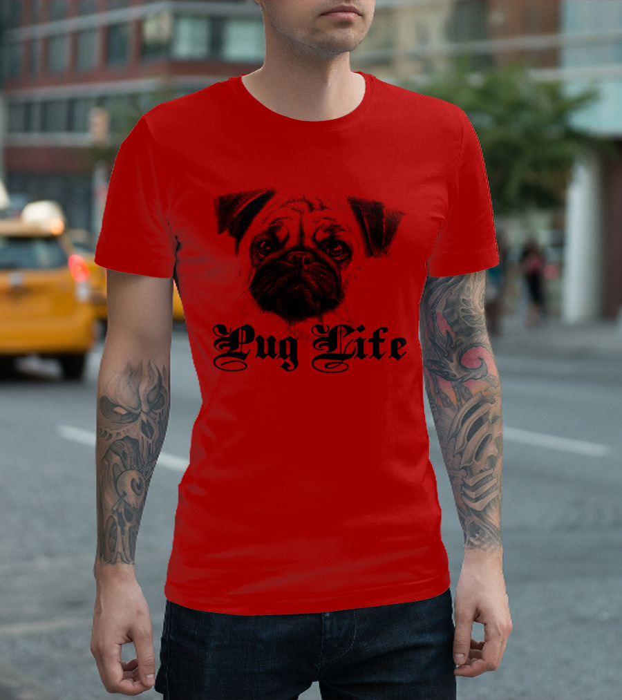 Pug Life Gothic Script with Realistic Pug T-Shirt