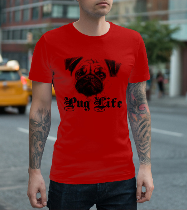 Pug Life Gothic Script With Realistic Pug T-Shirt
