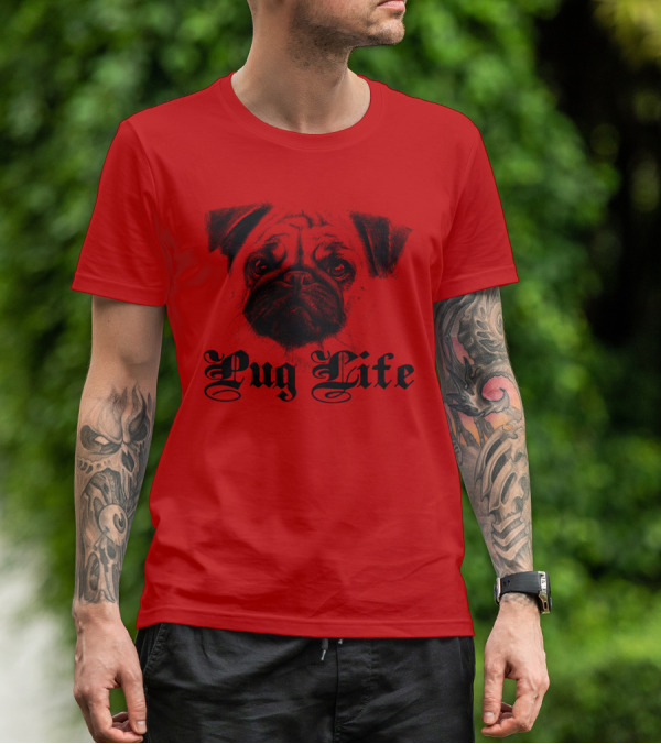 Pug Life Gothic Script With Realistic Pug T-Shirt