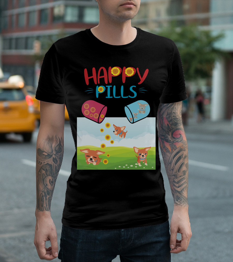 Happy Pills Chihuahuas Playing with Sunflowers T-Shirt