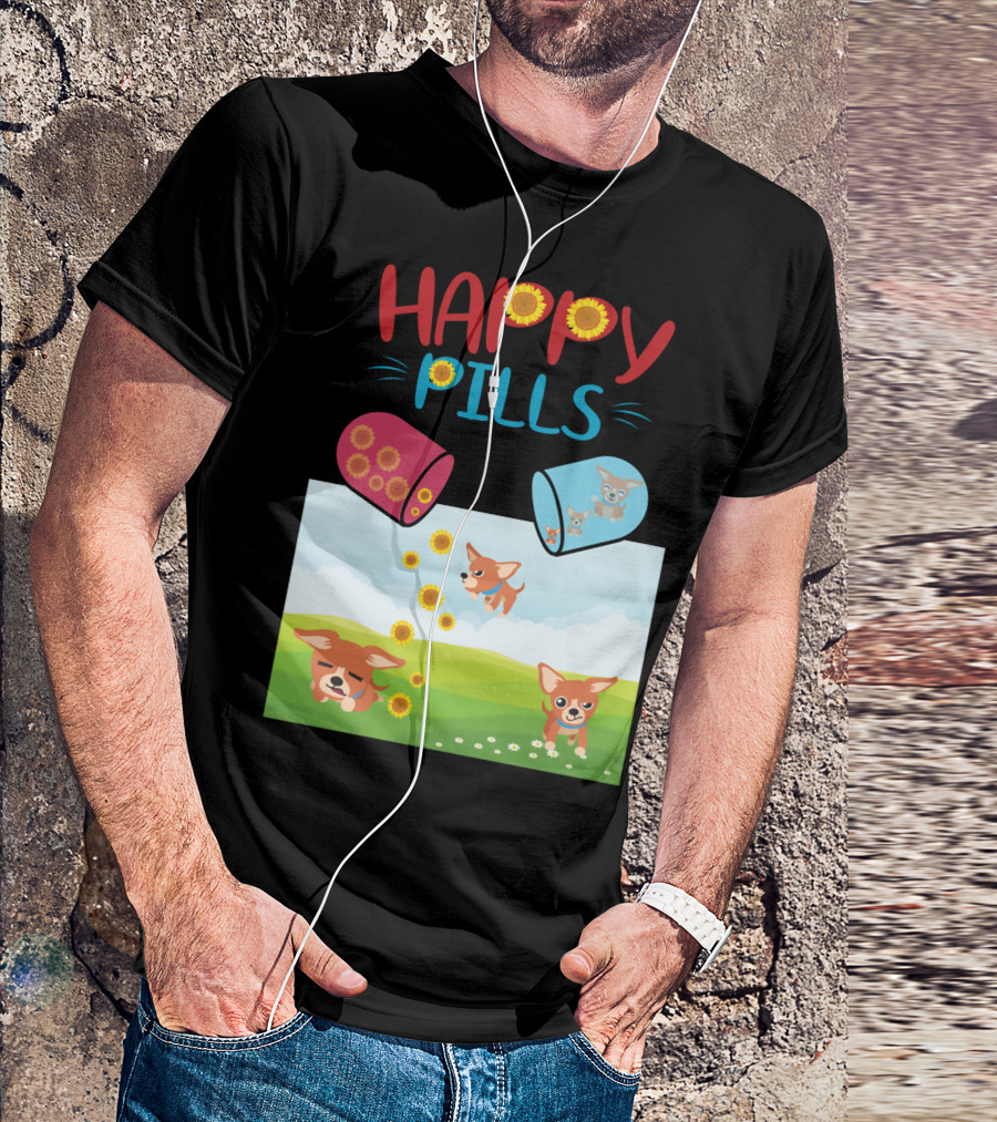 Happy Pills Chihuahuas Playing With Sunflowers T-Shirt