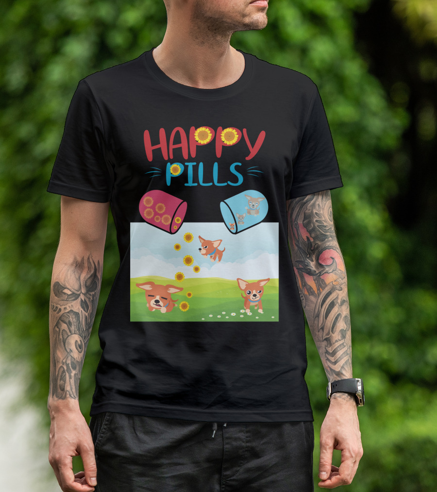 Happy Pills Chihuahuas Playing With Sunflowers T-Shirt