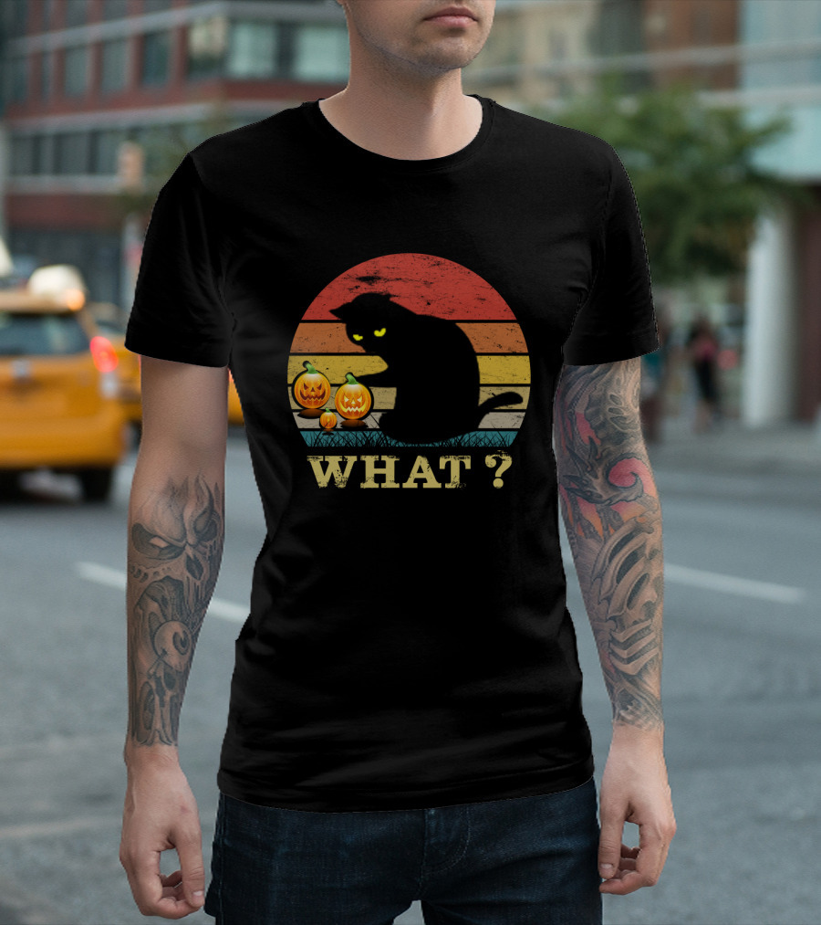 What? Funny Black Cat With Jack-o'-Lanterns Retro Halloween T-Shirt