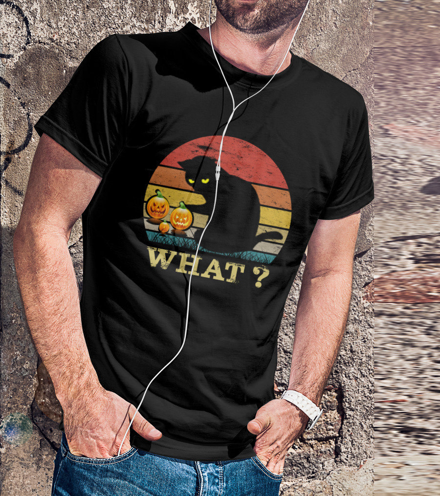 What? Funny Black Cat With Jack-o'-Lanterns Retro Halloween T-Shirt