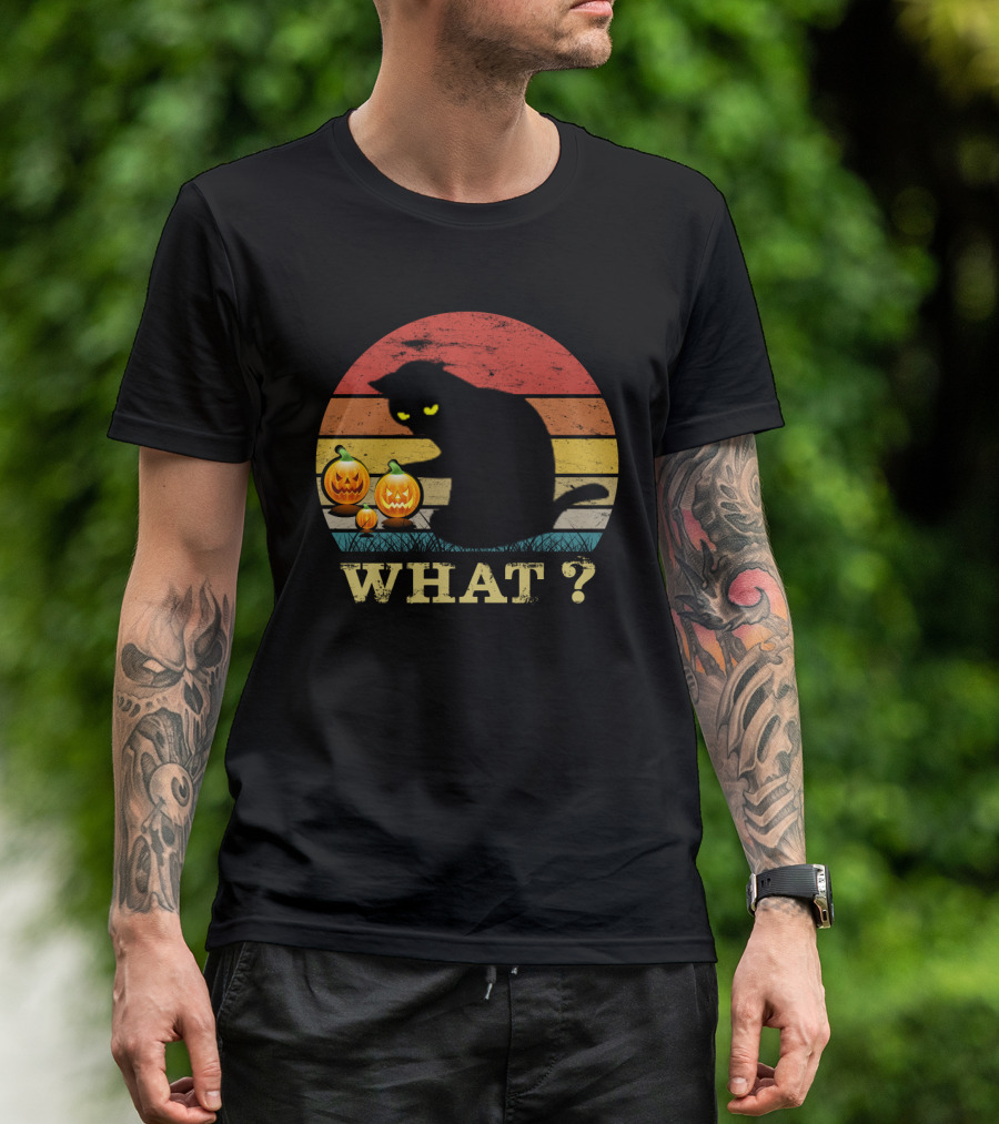 What? Funny Black Cat With Jack-o'-Lanterns Retro Halloween T-Shirt