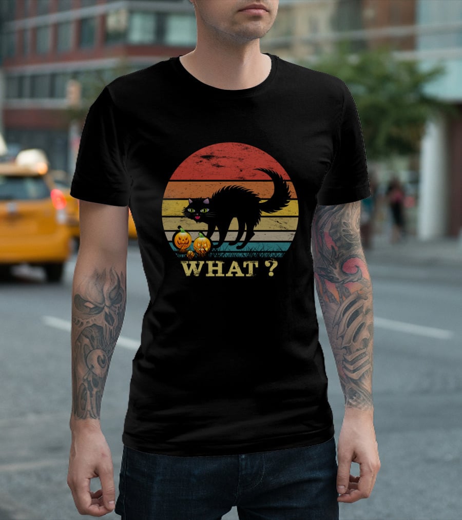 Black Cat What With Pumpkins Retro Sunset T-Shirt