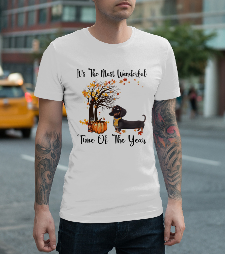 It's The Most Wonderful Time Of The Year Dachshund Halloween Pumpkin Autumn Leaves T-Shirt
