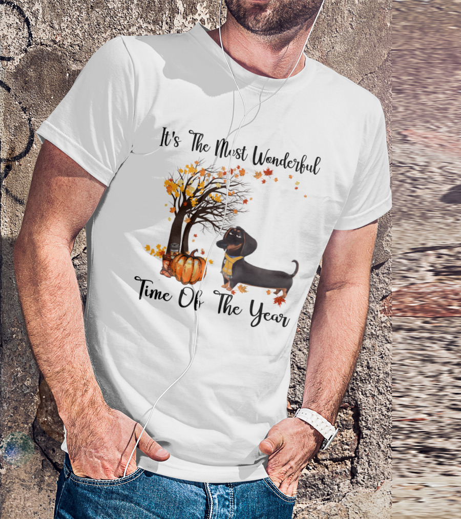 It's The Most Wonderful Time Of The Year Dachshund Halloween Pumpkin Autumn Leaves T-Shirt