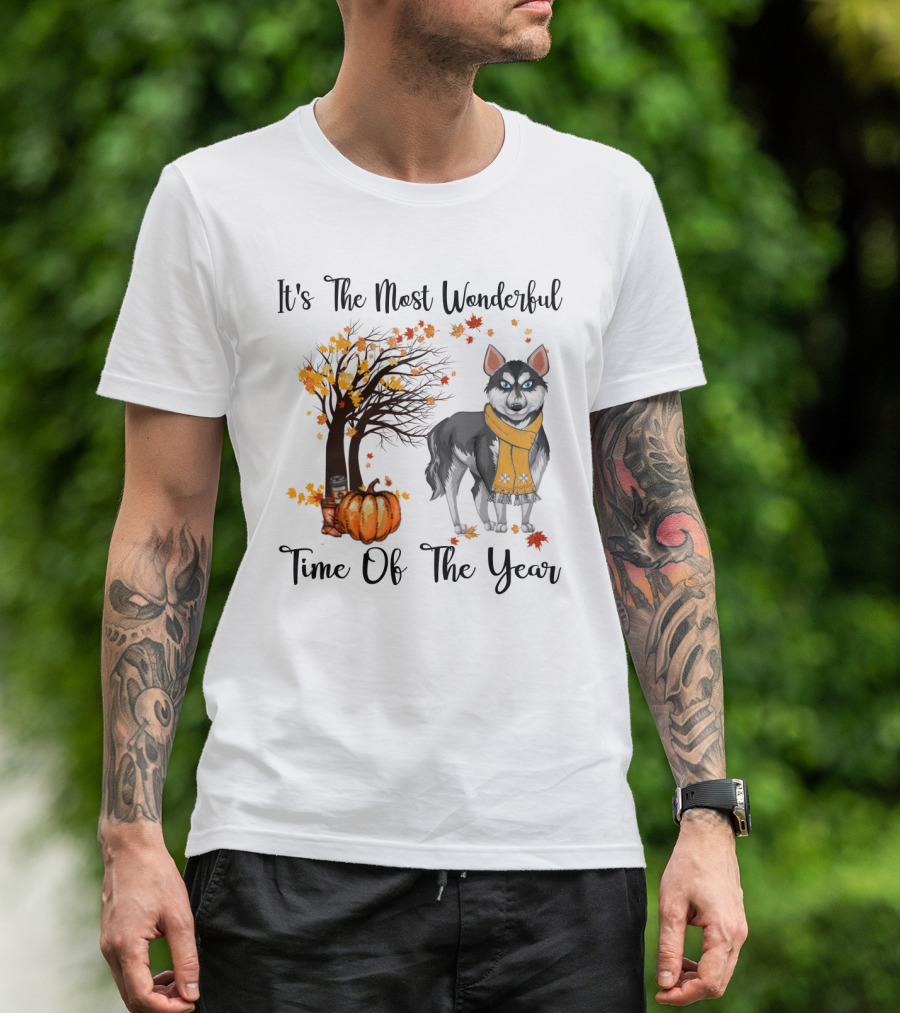 It's The Most Wonderful Time Of The Year Siberian Husky Fall Leaves Pumpkin Scarf Tree T-Shirt