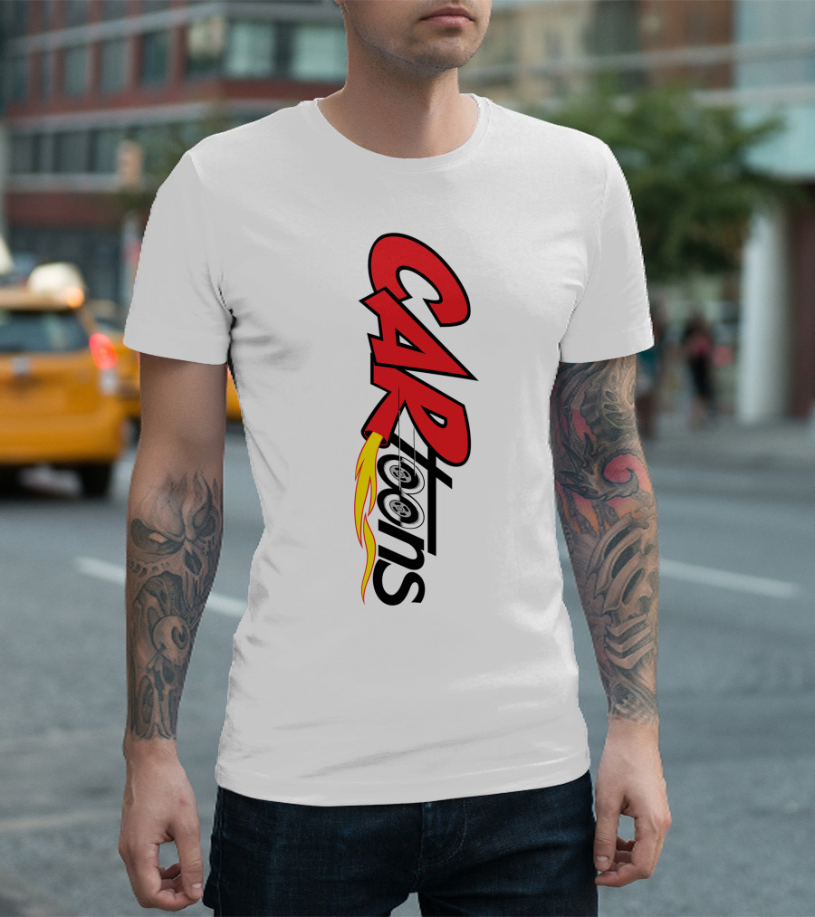 CARTOONS Red And Black Text With Flames And Wheel T-Shirt