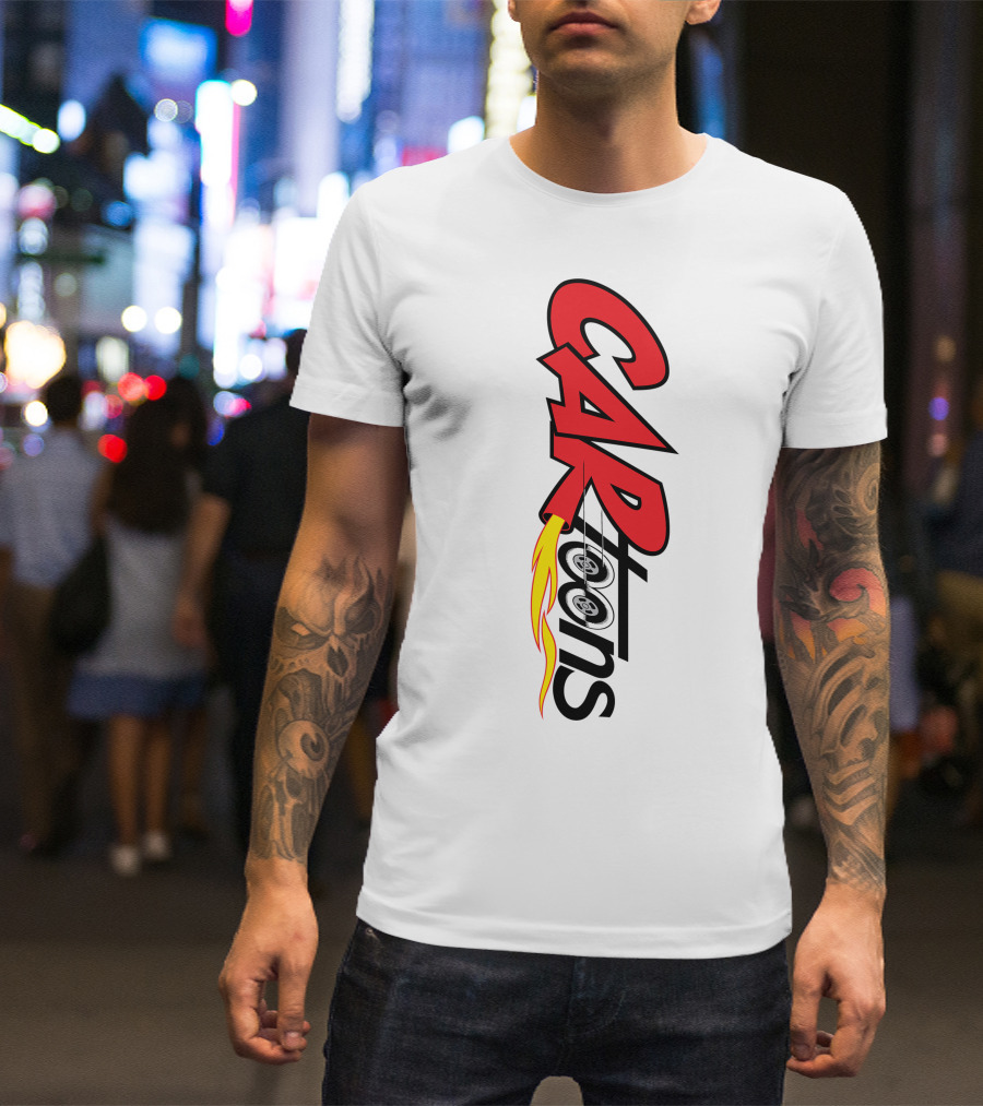 CARTOONS Red And Black Text With Flames And Wheel T-Shirt
